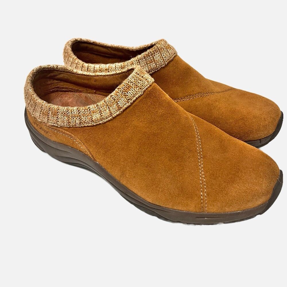 Vionic Arbor Brown/Tan Suede Clogs Mule Slip On Knit Collar Size 10